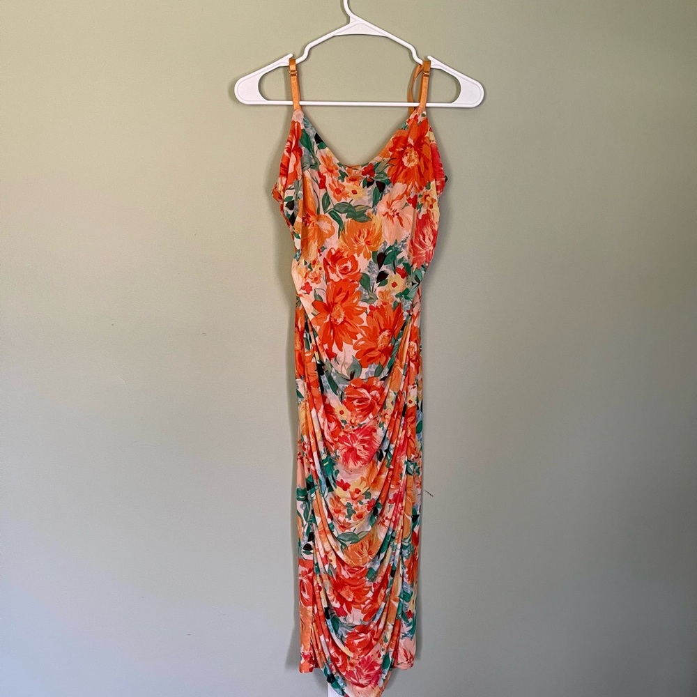 Lulu's Floral Midi Dress in Orange and Green